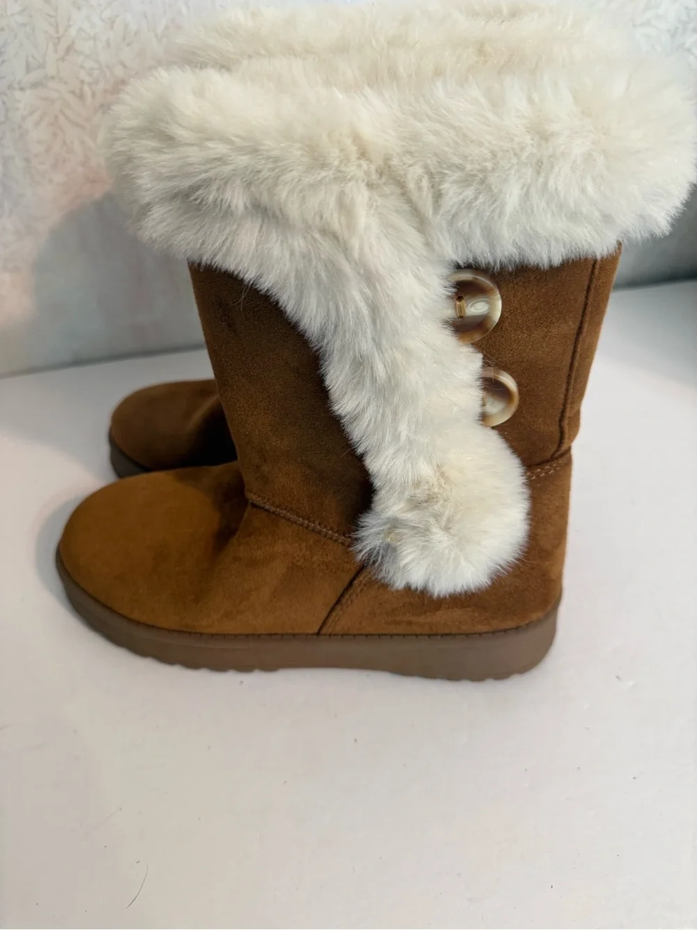 SO Kids Brown Chestnut Faux Suede Boots w Faux Cream Shearling Cuff, Warm, Sz 3